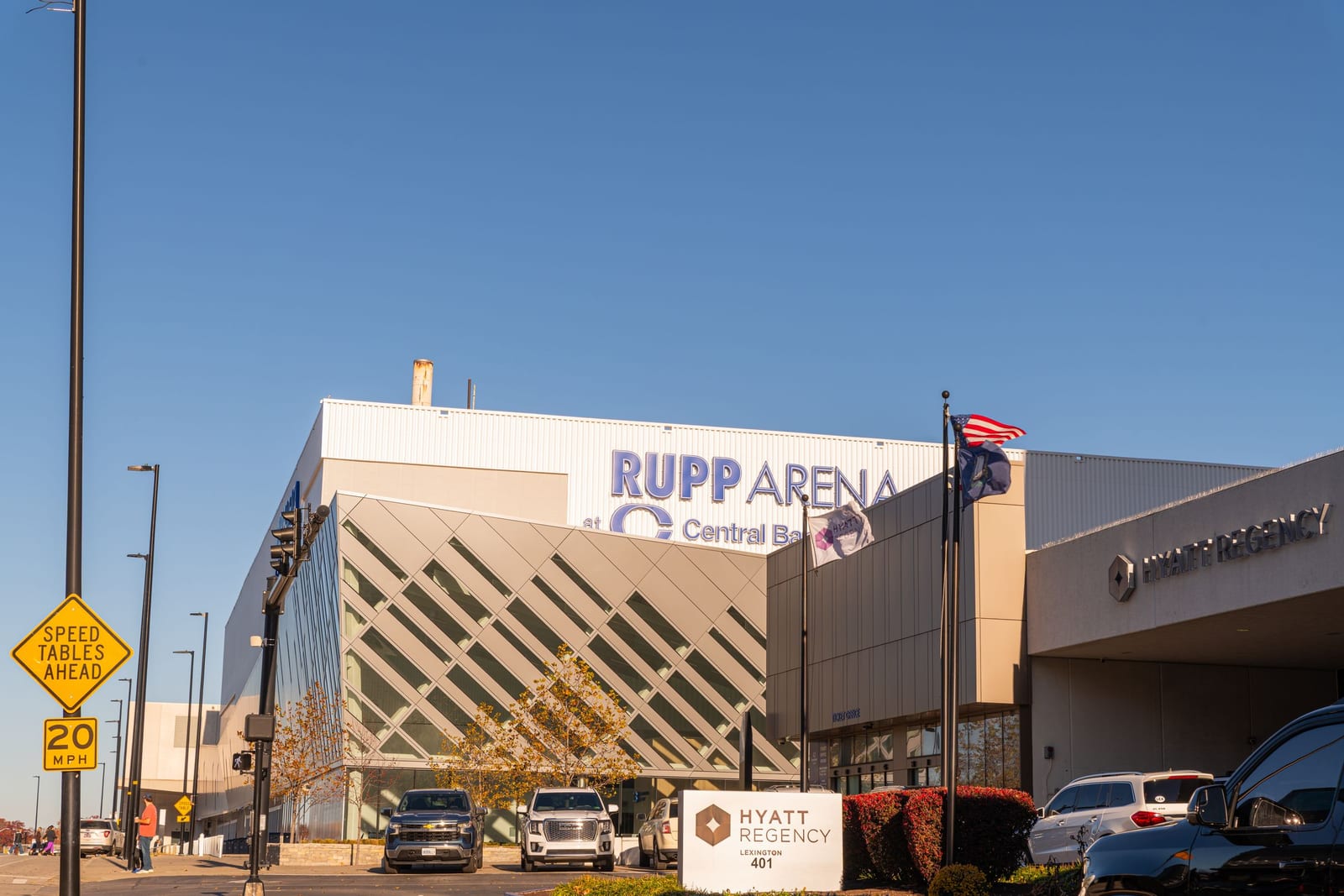 Rupp Arena and the Hyatt Regency in downtown Lexington, Kentucky on a clear day.
